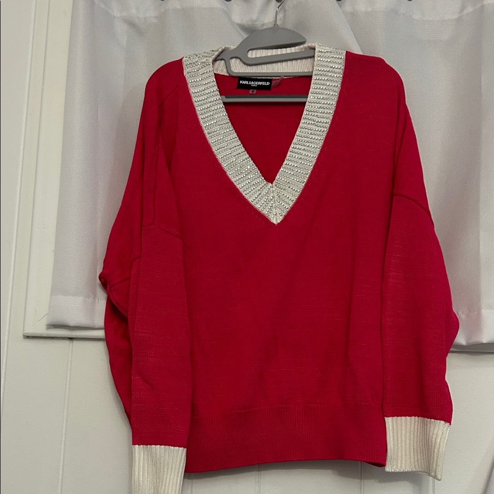 Karl Lagerfeld Red V-Neck Sweater with Cream Trim